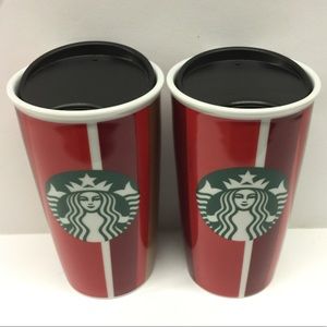 2 Starbucks Striped Ceramic Travel Mugs Red Gold